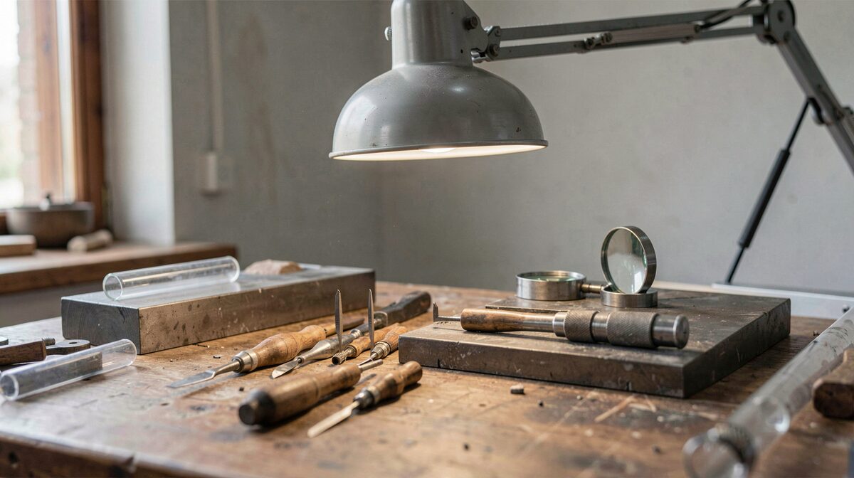 A bench jeweller's peg and a row of gravers under a single bench lamp, with a loupe and a calliper resting on a steel block beside a length of glass tube.