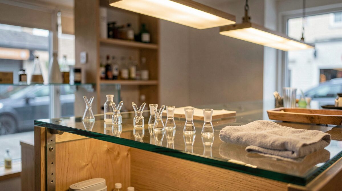 A glass shop counter under warm overhead light, front band of small borosilicate spoons and chillums spaced a hand-width apart, a microfibre cloth and a small pull tray at the edge, shot from the customer's side at counter height.