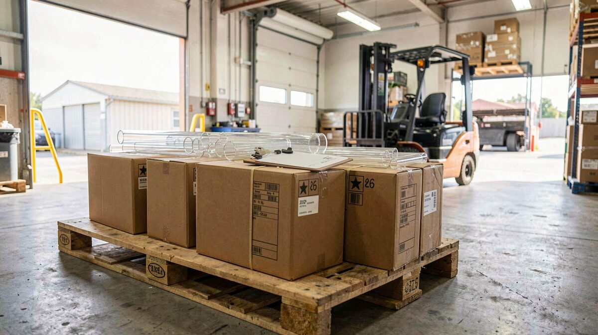 A warehouse receiving dock at midday, with a wooden pallet holding twelve cardboard cases of glass pipes, a clipboard with a receiving log resting on top, and a forklift parked in the background under bright overhead lights.