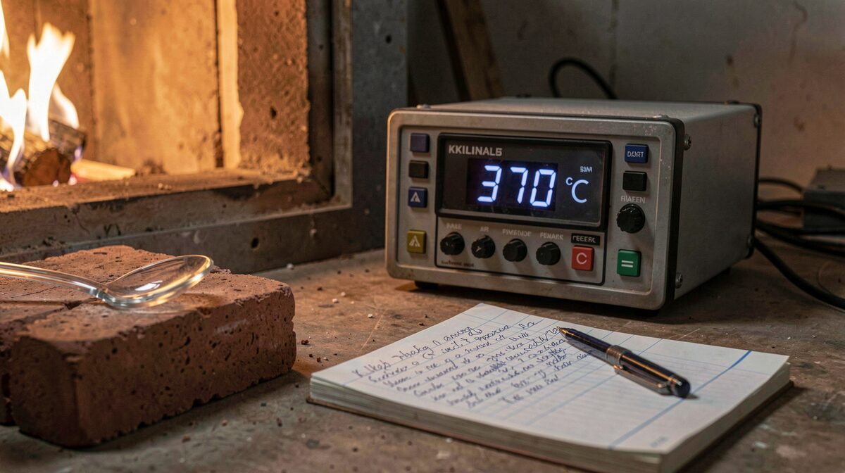A glass shop kiln controller at night, its digital display reading 370 C, a handwritten kiln log open on the bench beside it with a pen resting in the gutter, a single borosilicate spoon pipe cooling on a firebrick in the foreground, warm amber light from the kiln door.