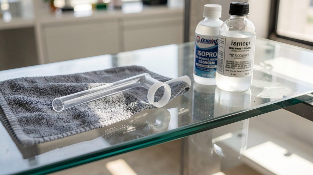 A glass shop bench at midday, a borosilicate pipe lying on a folded microfiber cloth beside a bottle of isopropyl alcohol and a small brush, the frosted band of a 14 millimetre ground joint catching the light, shot from slightly above at close range.